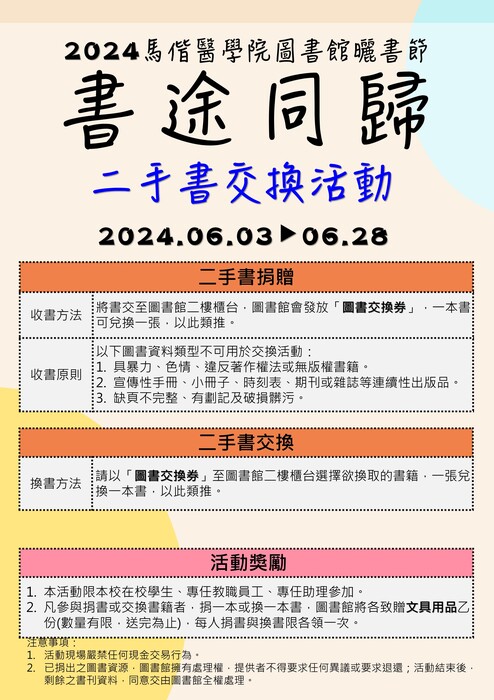 2024年馬偕醫學院圖書館曬書節「書途同歸」二手書交換