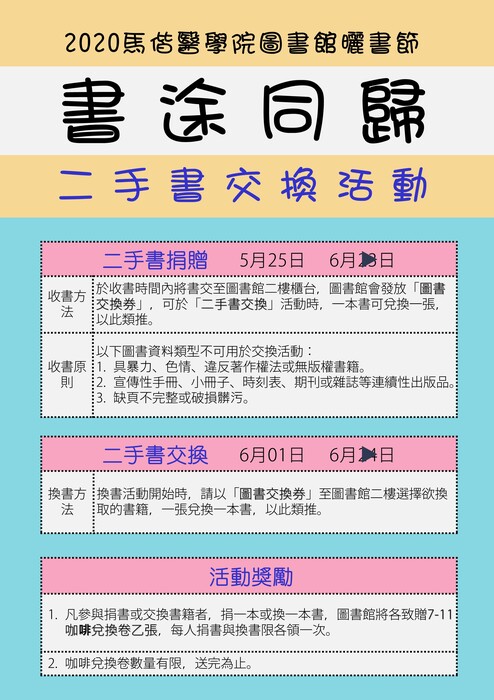 2020馬偕醫學院圖書館曬書節「書途同歸」二手書交換活動海報