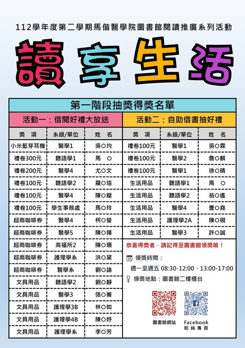 讀享生活閱讀推廣系列活動_第一階段抽獎得獎名單