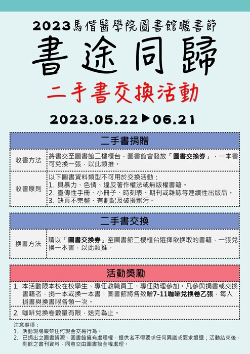 2023年馬偕醫學院圖書館曬書節「書途同歸」二手書交換活動