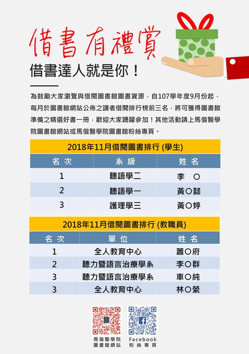 【公告】107年 11 月 讀者借閱排行榜