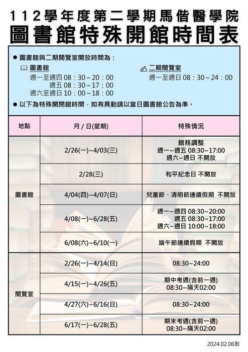 112學年度第二學期圖書館開館時間表