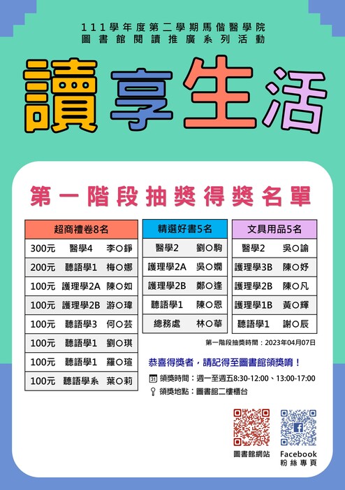 111學年度第二學期馬偕醫學院圖書館讀享生活閱讀推廣系列活動_第一階段抽獎得獎名單