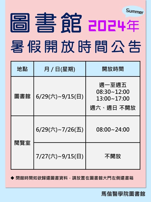 2024年圖書館暑假開放時間